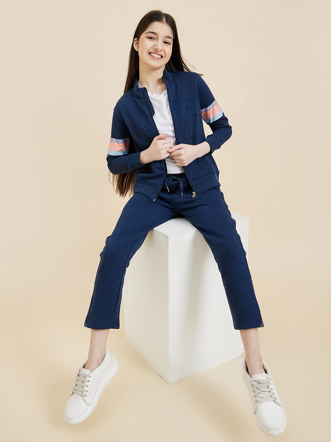 

Sweet Dreams Girls Navy Blue & Peach-Coloured Typography Tracksuit