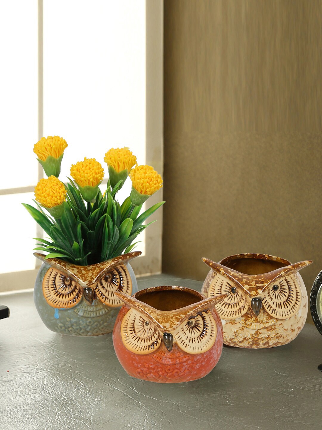 

TAYHAA Set Of 3 Owl Design Ceramic Pots, Orange