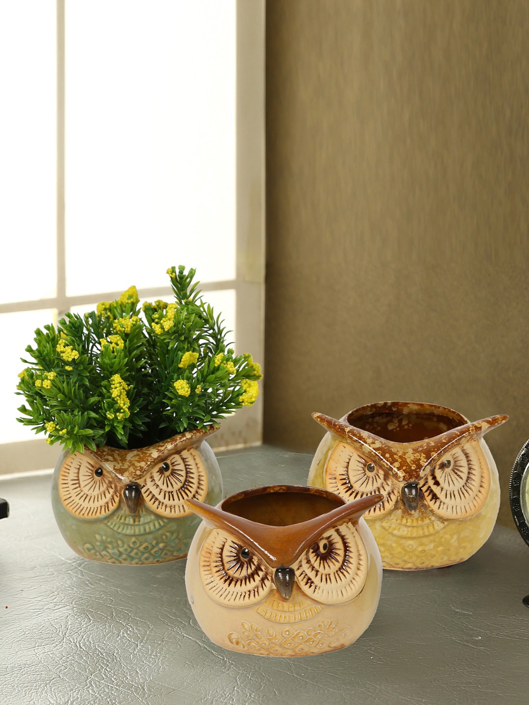 

TAYHAA Set Of 3 Owl Design Ceramic Pots, Green