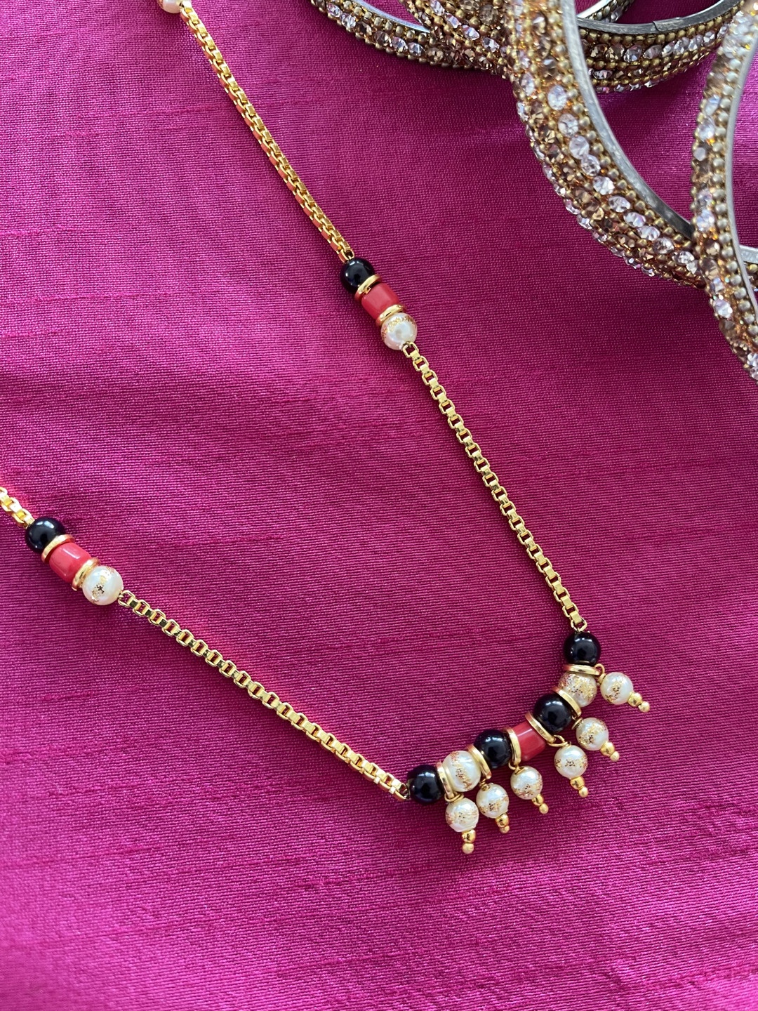 

Digital Dress Room Gold-Plated Black & White Studded & Beaded Mangalsutra Set