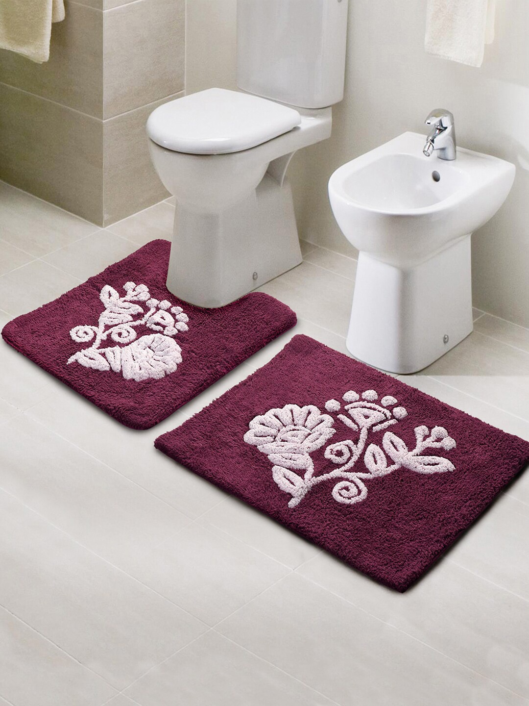 

Saral Home Set Of 2 Purple & White Patterned 210 GSM Bath Rugs