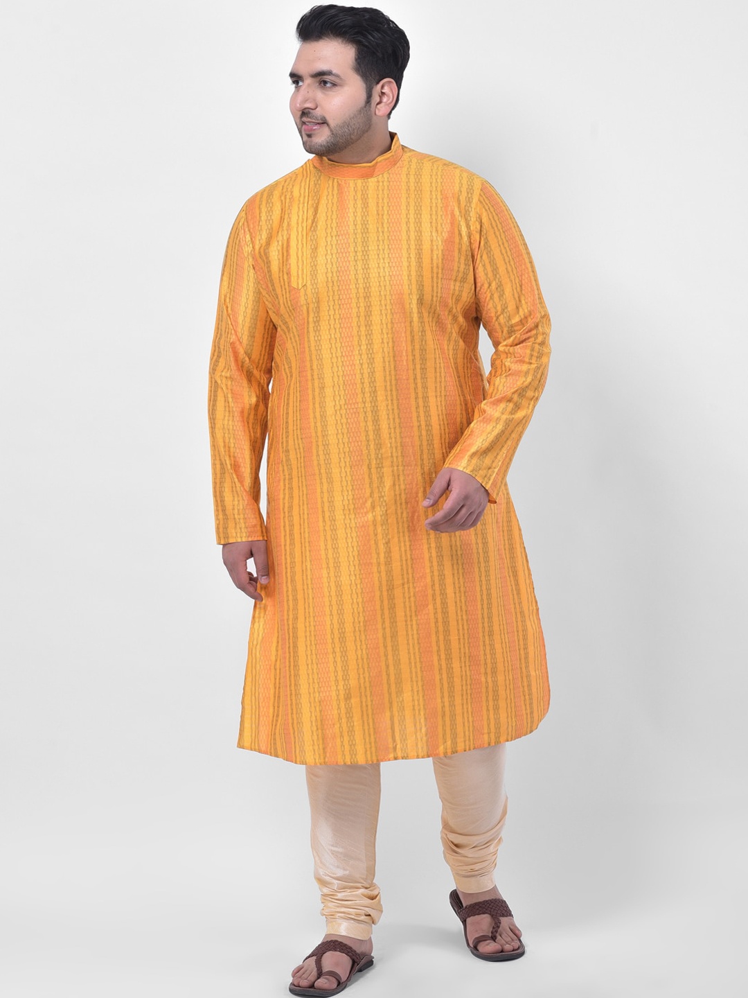 

DEYANN PLUS Men Yellow Self Design Angrakha Kurta with Churidar