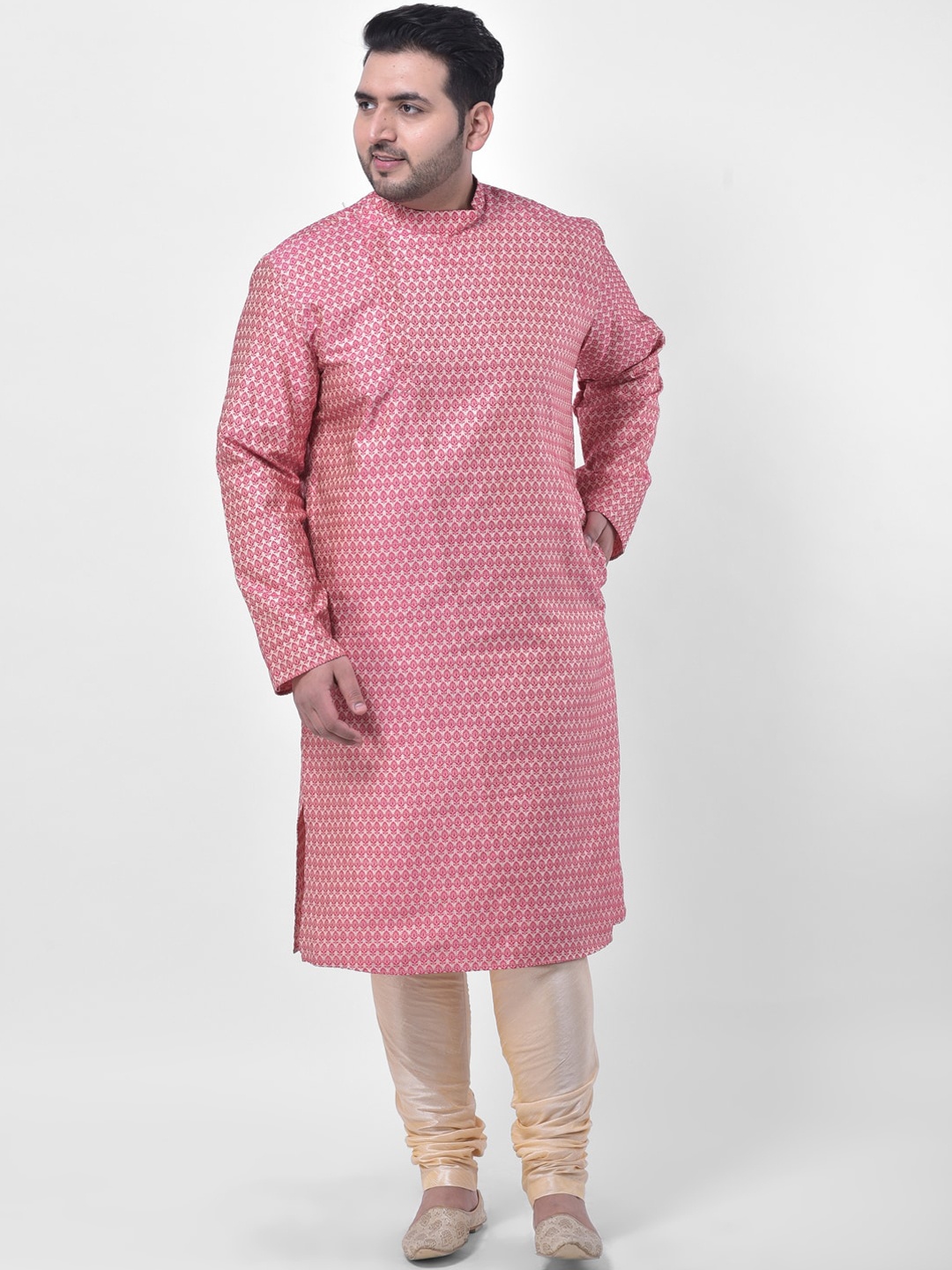 

DEYANN PLUS Men Pink Self Design Angrakha Kurta with Churidar