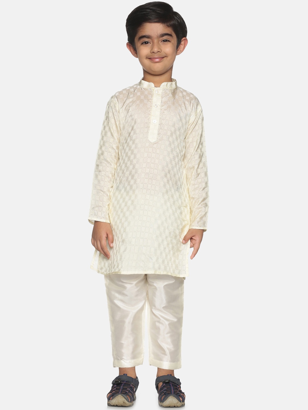 

Sethukrishna Boys Cream-Coloured Woven Design Kurta with Pyjamas