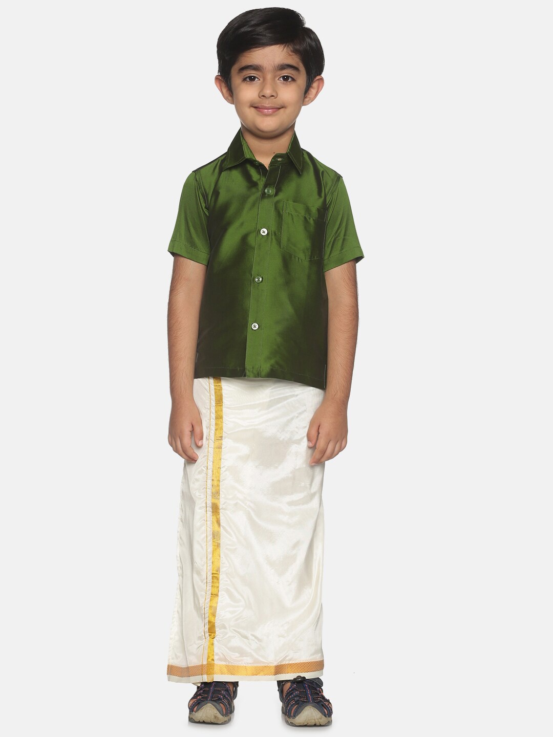 

Sethukrishna Boys Green Shirt & Cream-Coloured & Zari Border Veshti Set