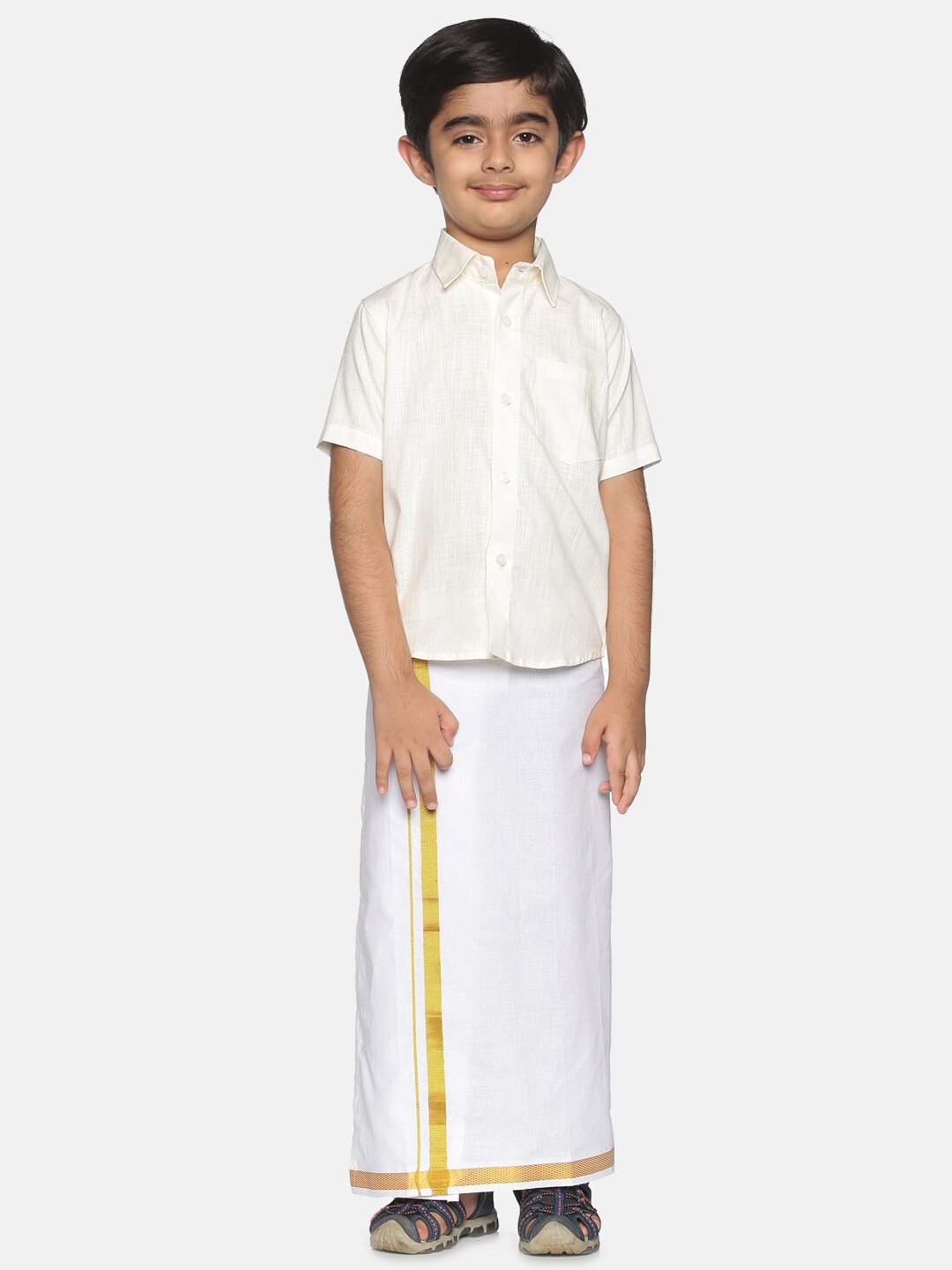 

Sethukrishna Boys Cream-Coloured & Gold-Toned Pure Cotton Shirt with Dhoti