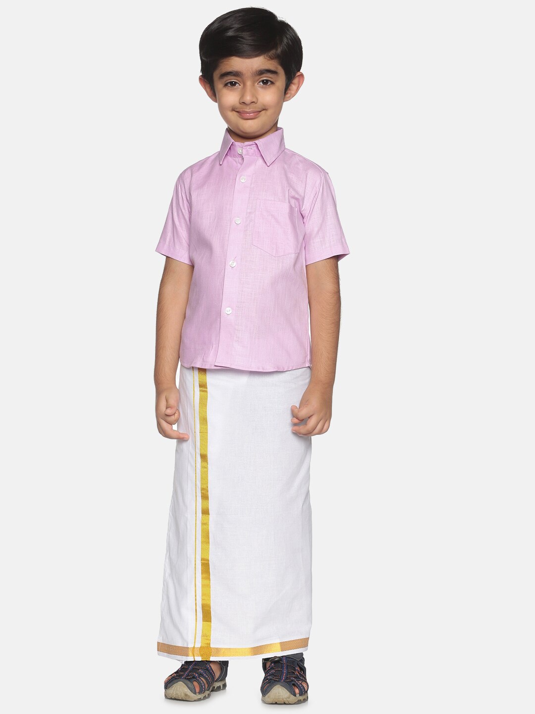 

Sethukrishna Boys Pink & White Pure Cotton Shirt with Dhotis