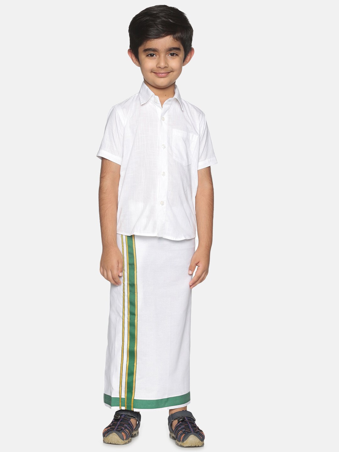 

Sethukrishna Boys White & Green Pure Cotton Shirt with Dhoti