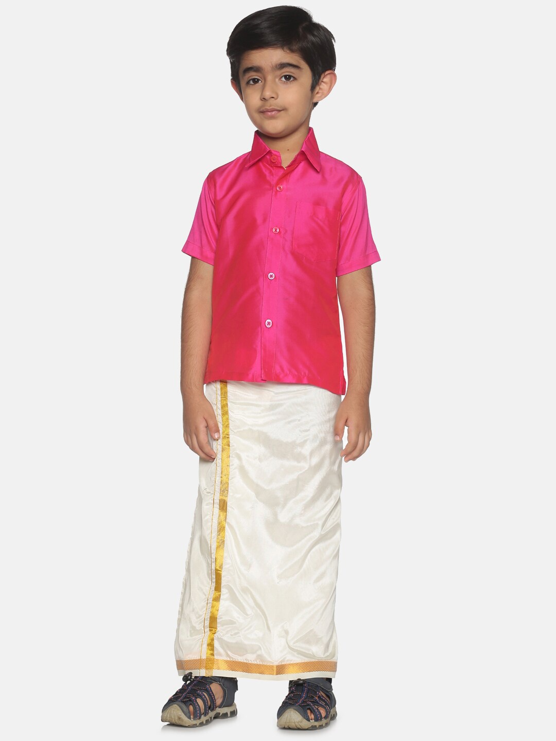 

Sethukrishna Boys Pink & White Shirt with Veshti Set