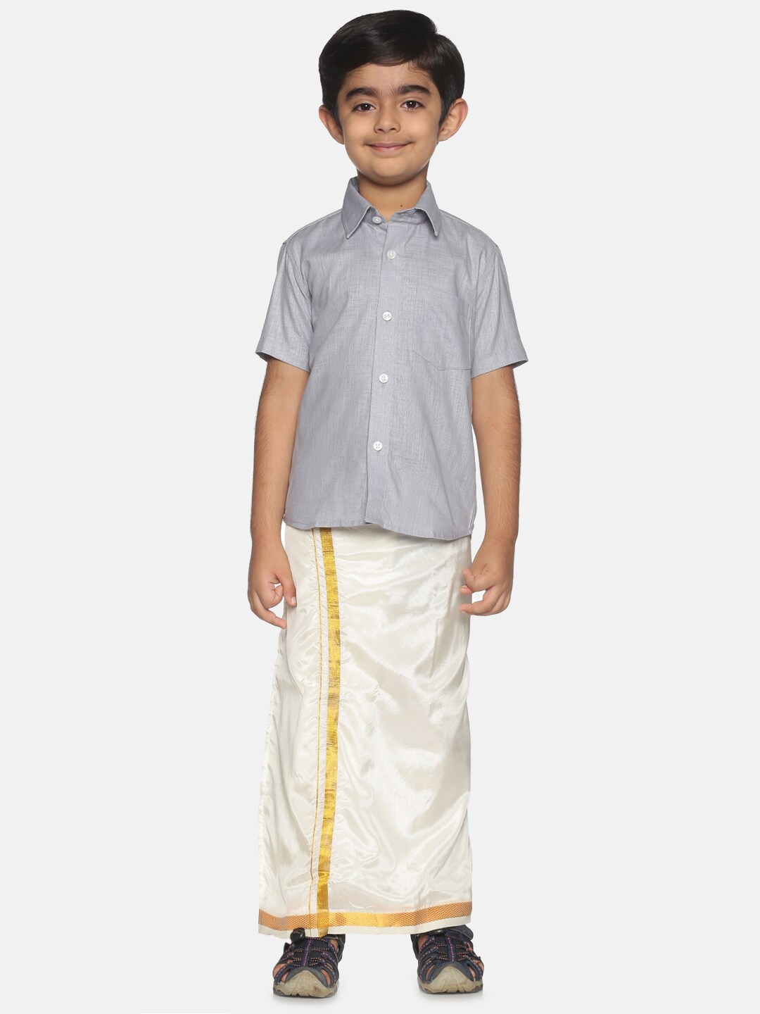 

Sethukrishna Boys Grey & White Pure Cotton Shirt With Veshti Set
