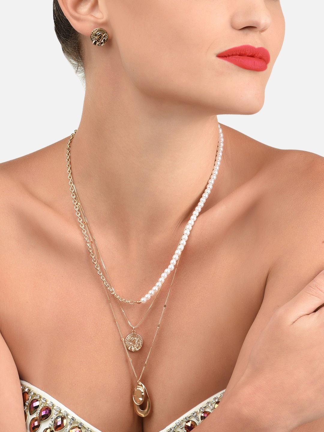 

AMI Women Gold & White Pearl Beaded Layered Necklace Set