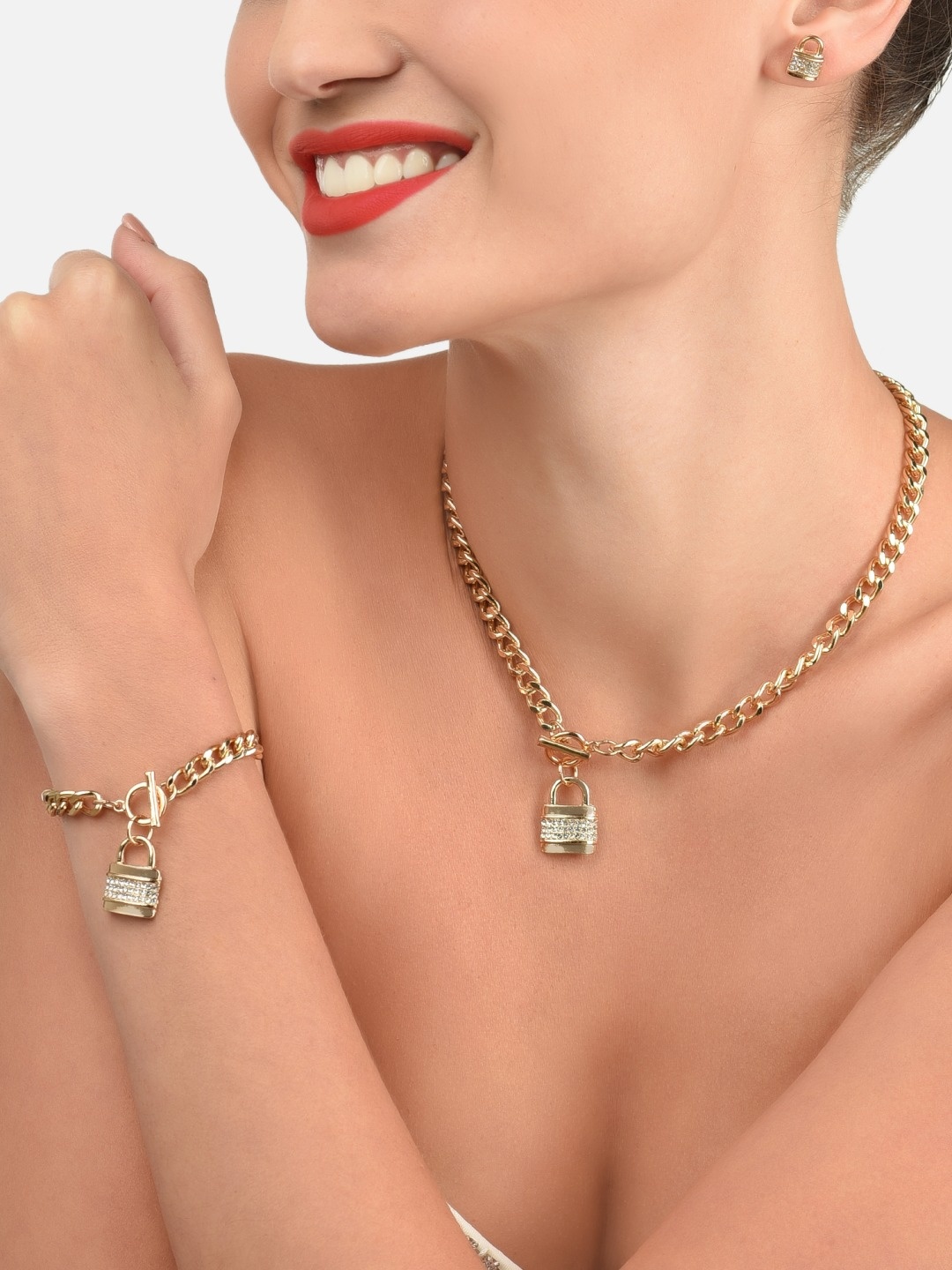 

AMI Gold-Plated Austrian Diamonds Studded Lock Necklace Earring Jewellery Set