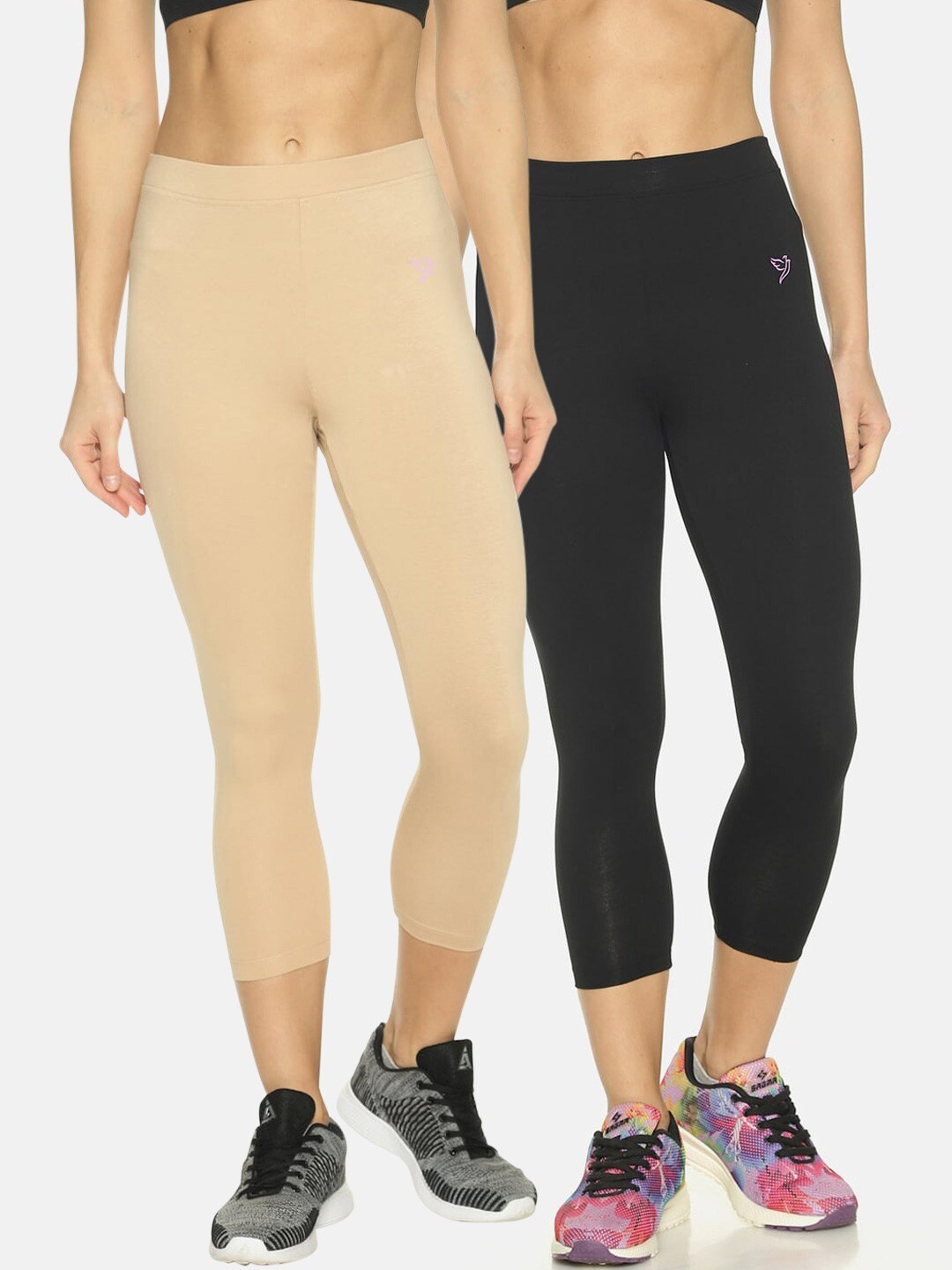 

TWIN BIRDS Pack of 2 Women Solid Skinny Fit Three-Fourth Stretch Pure Cotton Tights, Black