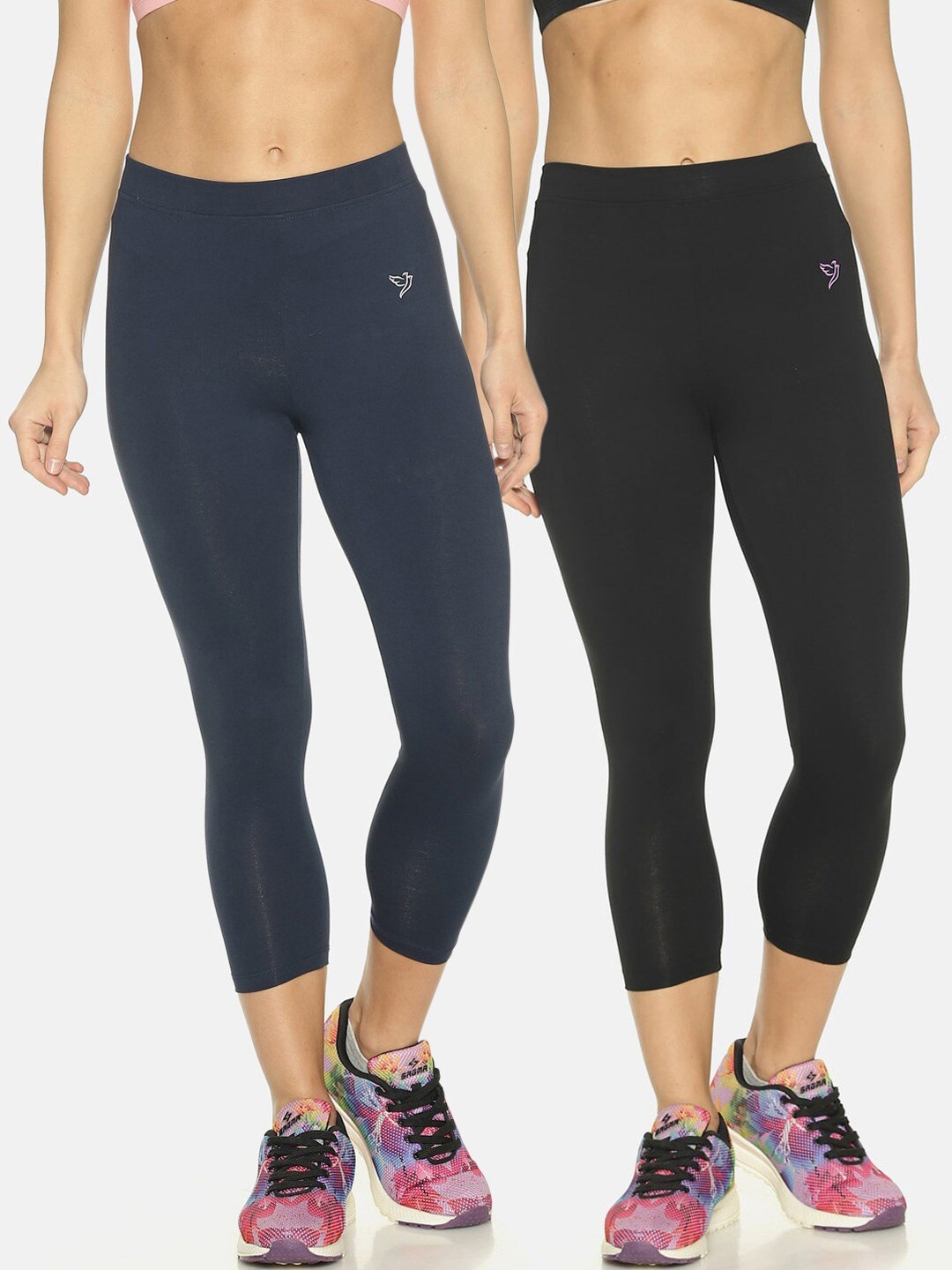 

TWIN BIRDS Pack of 2 Women Solid Skinny Fit Three-Fourth Stretch Pure Cotton Tights, Black
