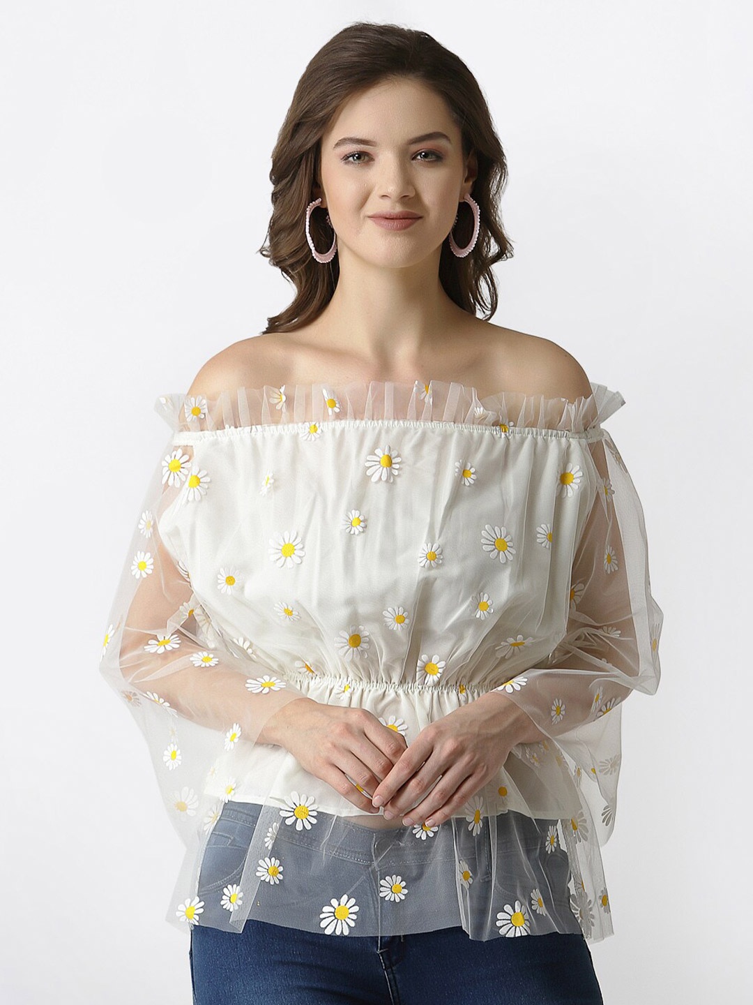 

Selvia White & Yellow Floral Print Off-Shoulder Ruffles Net Bardot Top