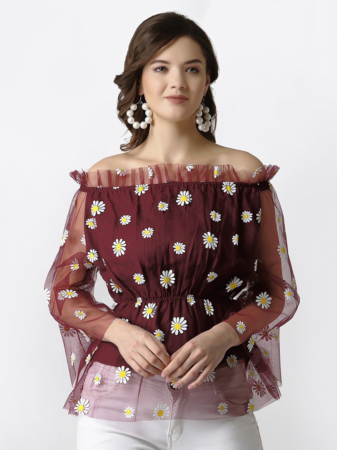 

Selvia Maroon & White Floral Print Off-Shoulder Ruffles Net Bardot Top