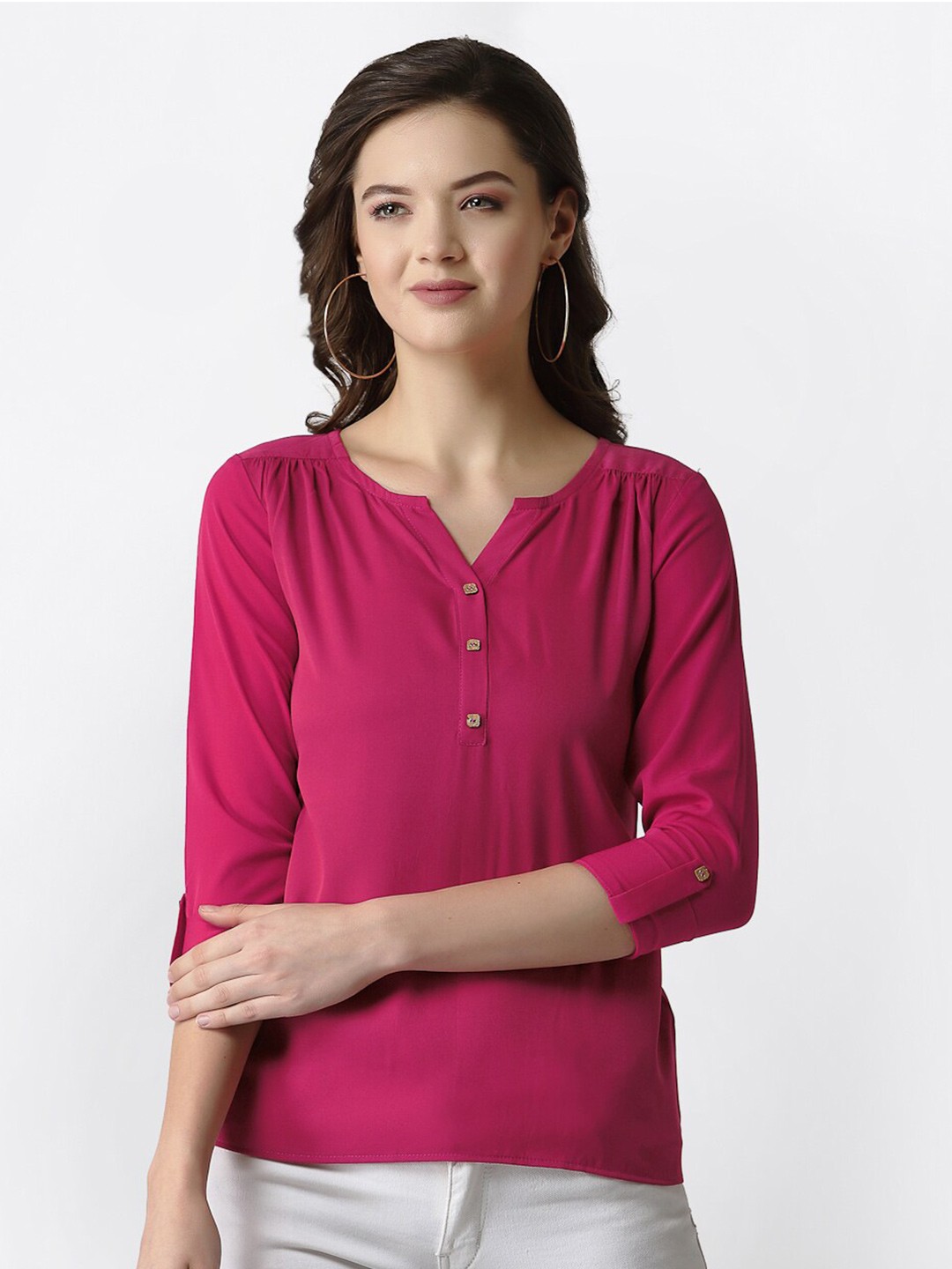 

Selvia Pink Roll-Up Sleeves Crepe Top