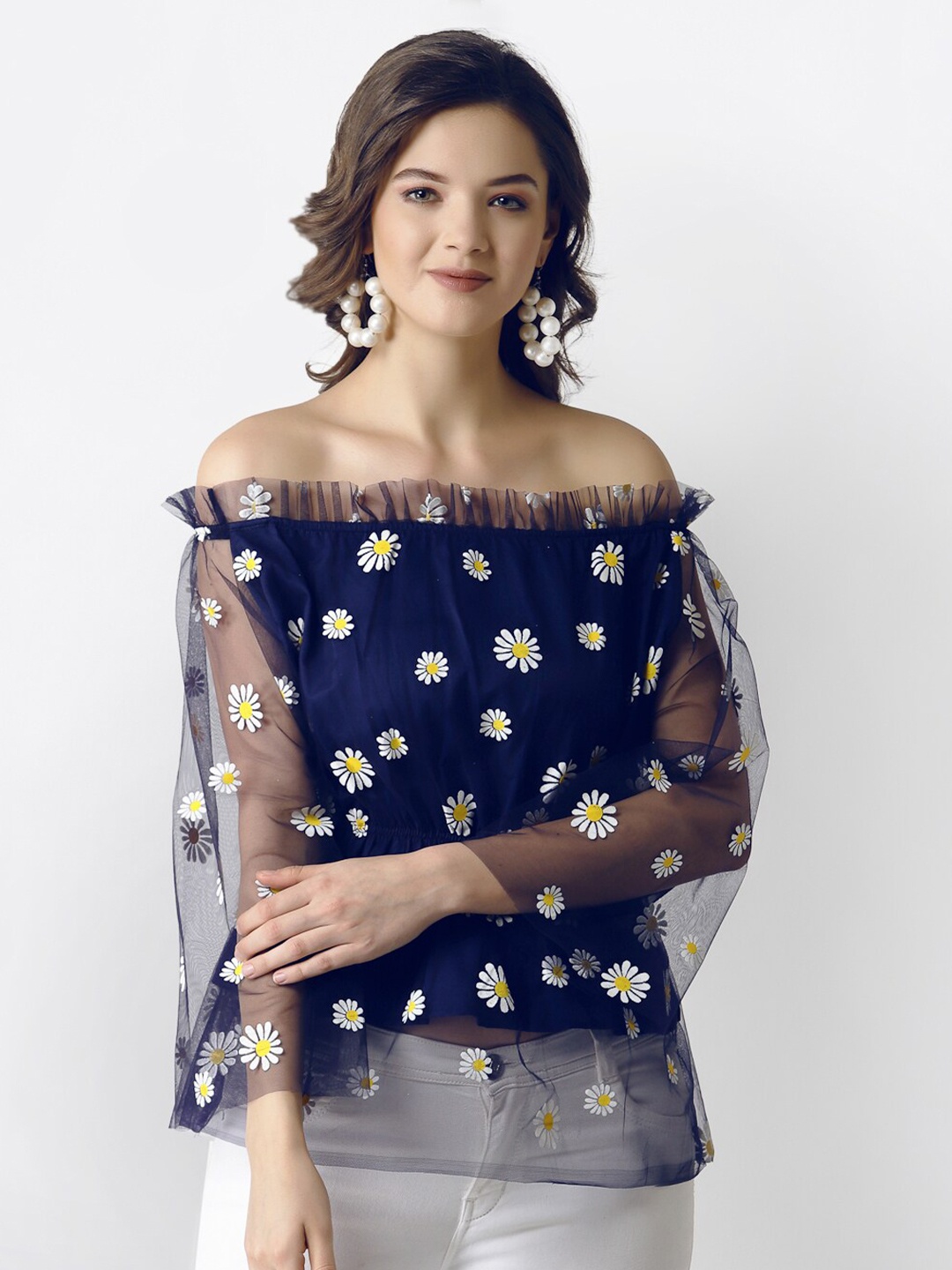 

Selvia Blue Floral Print Off-Shoulder Ruffles Net Bardot Top