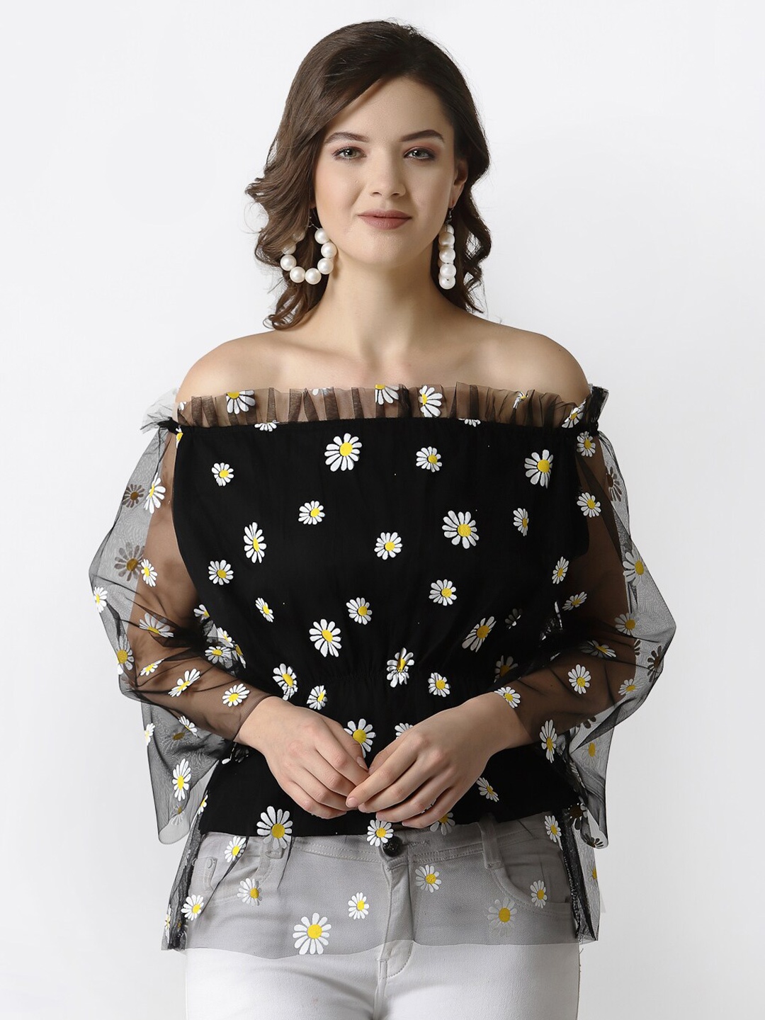

Selvia Women Black Floral Print Off-Shoulder Ruffles Net Peplum Top