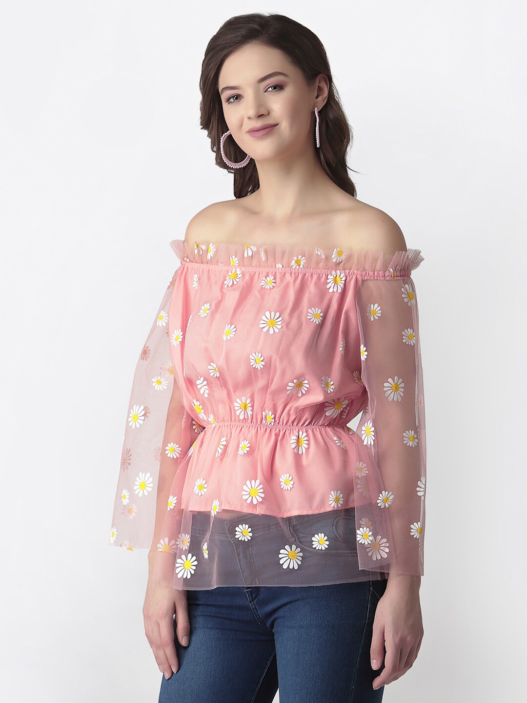 

Selvia Pink & White Floral Print Off-Shoulder Ruffles Net Bardot Top