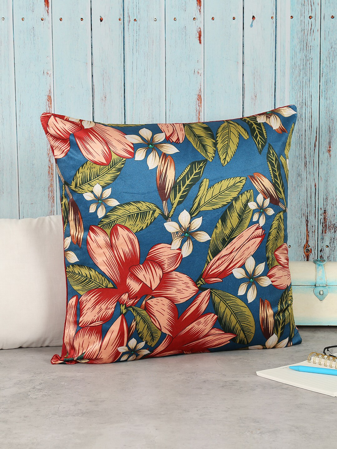 

India Circus by Krsnaa Mehta Blue & Red Floral Printed Velvet Square Cushion Cover