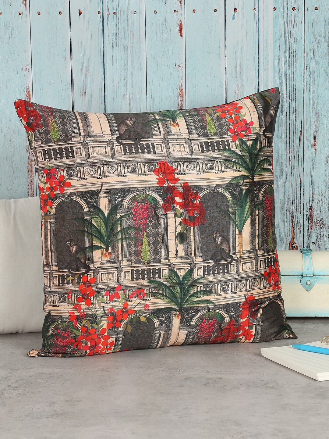 

India Circus by Krsnaa Mehta Green & Red Floral Printed Square Cushion Cover