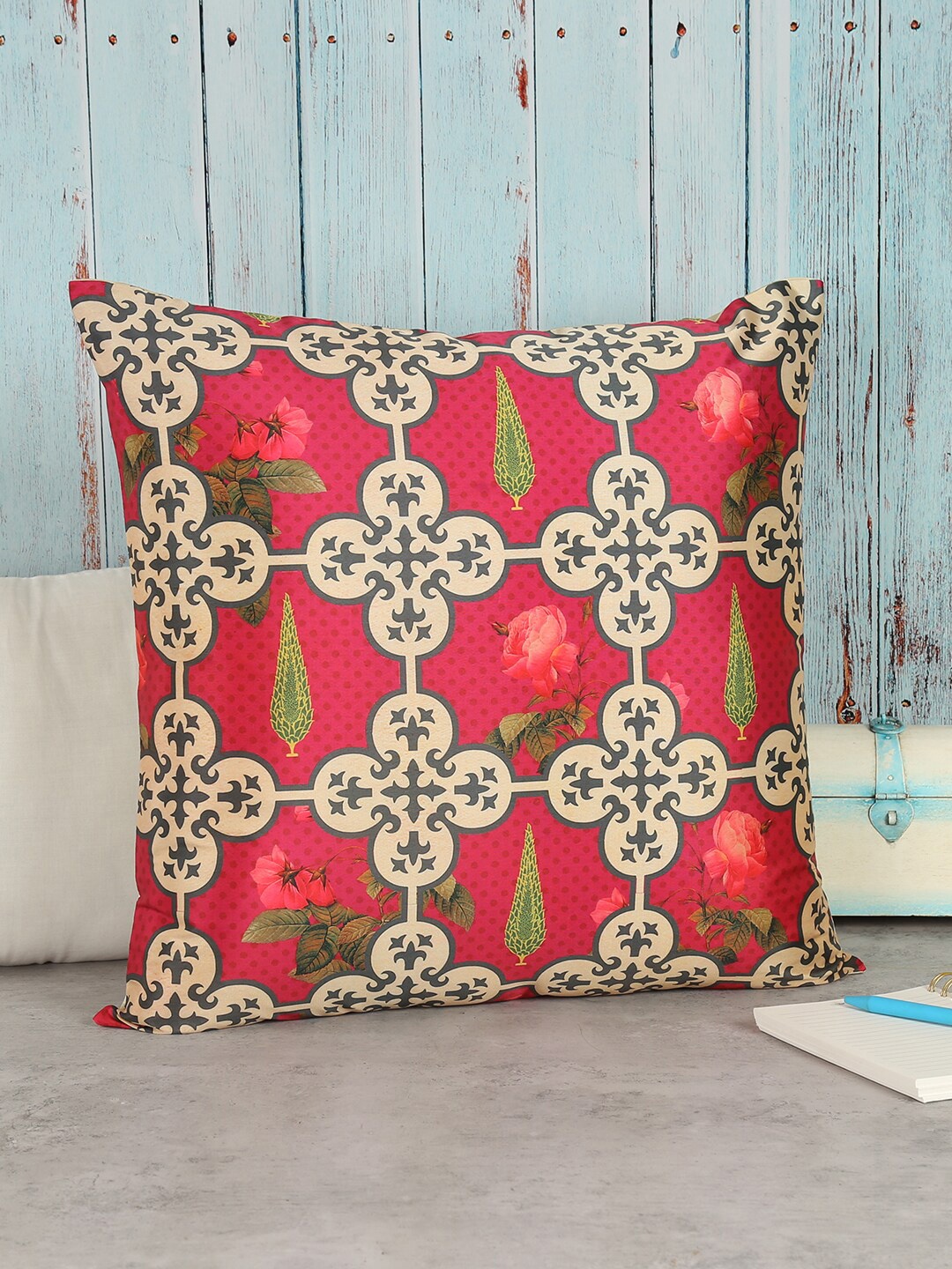 

India Circus by Krsnaa Mehta Pink & Beige Floral Tafetta Silk Square Cushion Covers