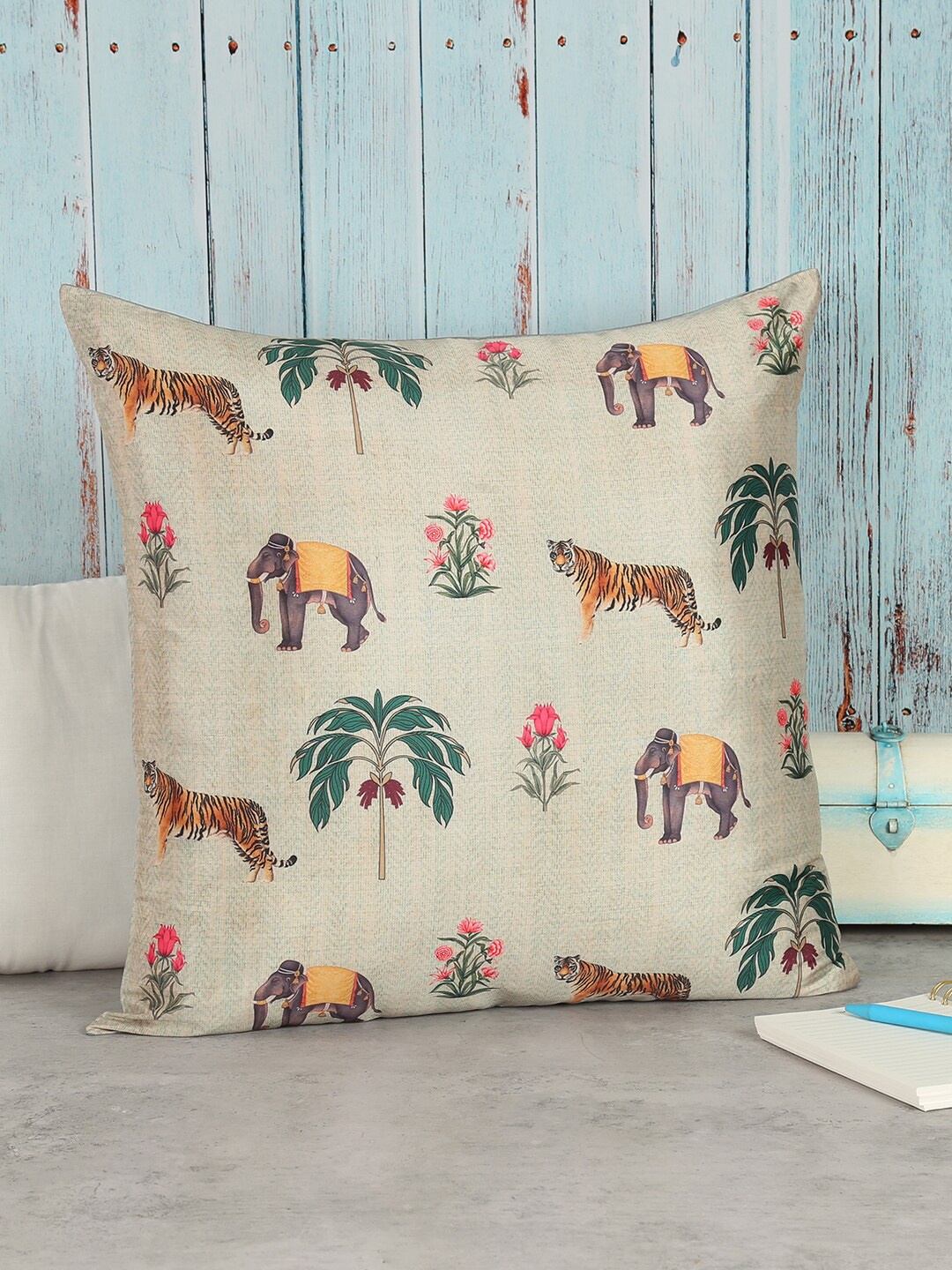 

India Circus by Krsnaa Mehta Silver-Toned & Green Floral Printed Square Cushion Cover