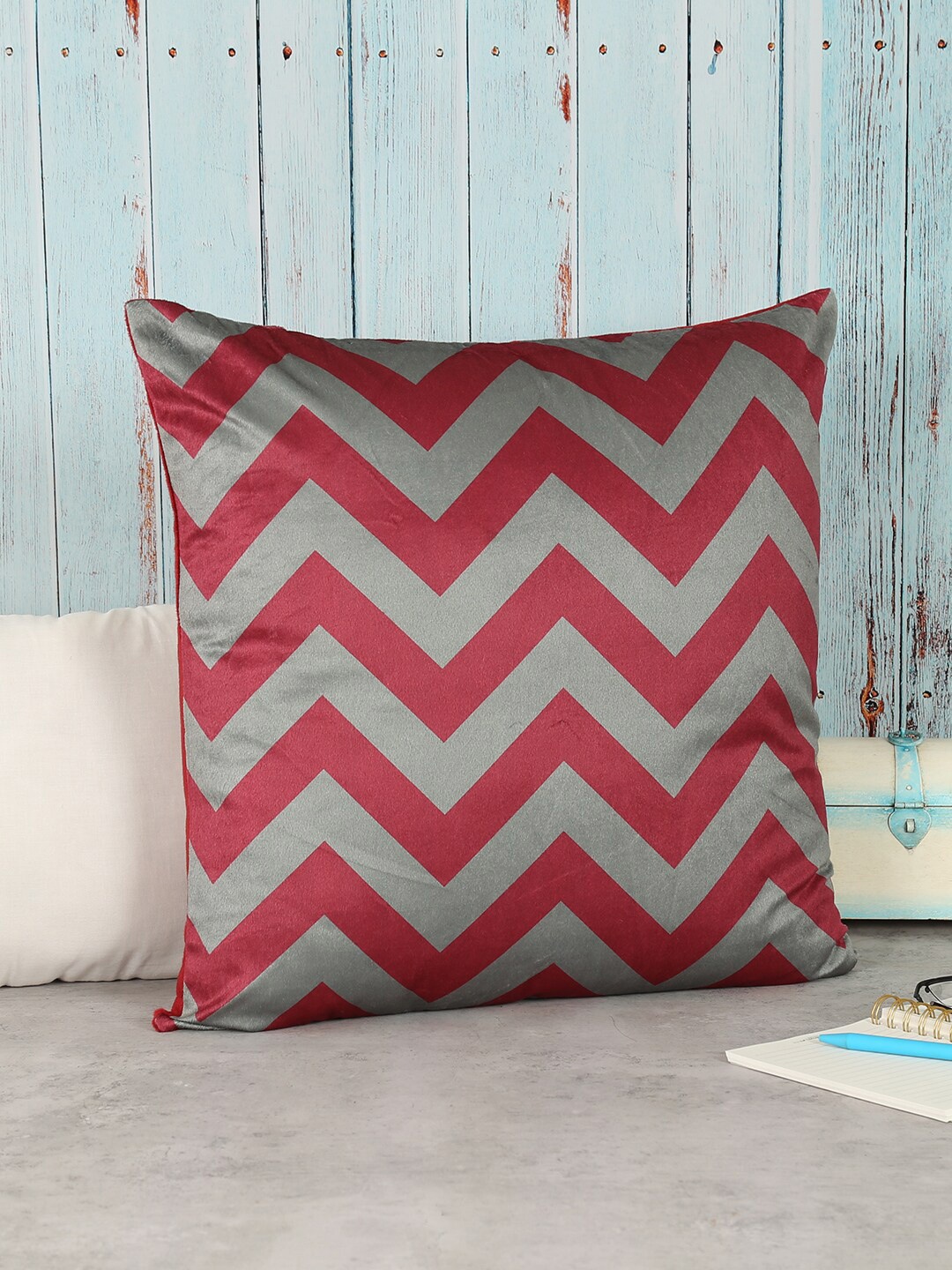 

India Circus by Krsnaa Mehta Red & Grey Geometric Velvet Square Cushion Covers