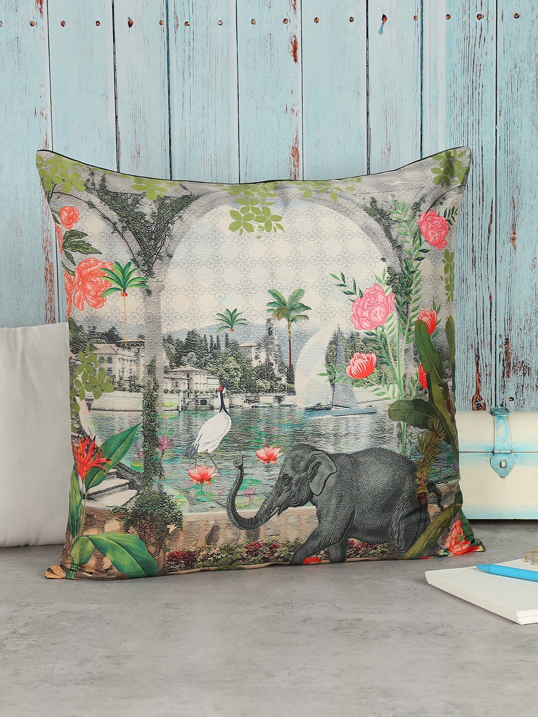 

India Circus by Krsnaa Mehta Beige & Green Floral Square Cushion Covers