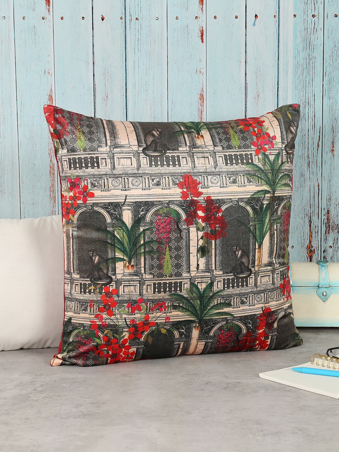 

India Circus by Krsnaa Mehta Grey & Red Floral Velvet Square Cushion Covers