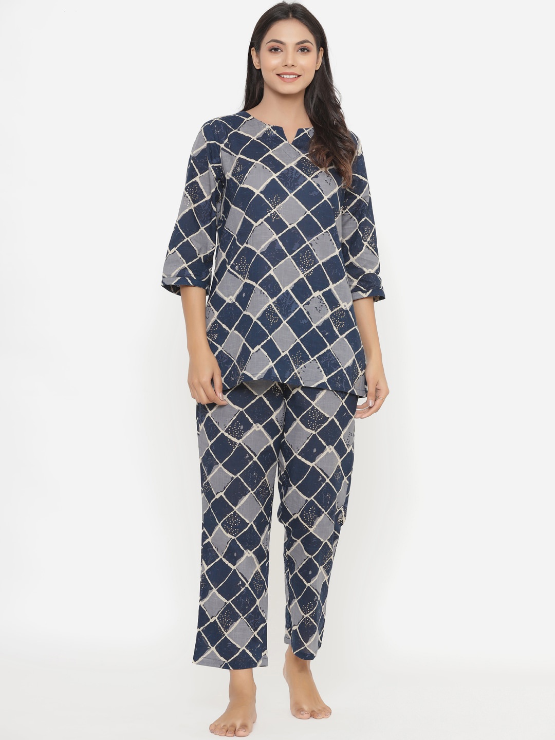 

JISORA Women Blue & Grey Printed Pure Cotton Night Suit