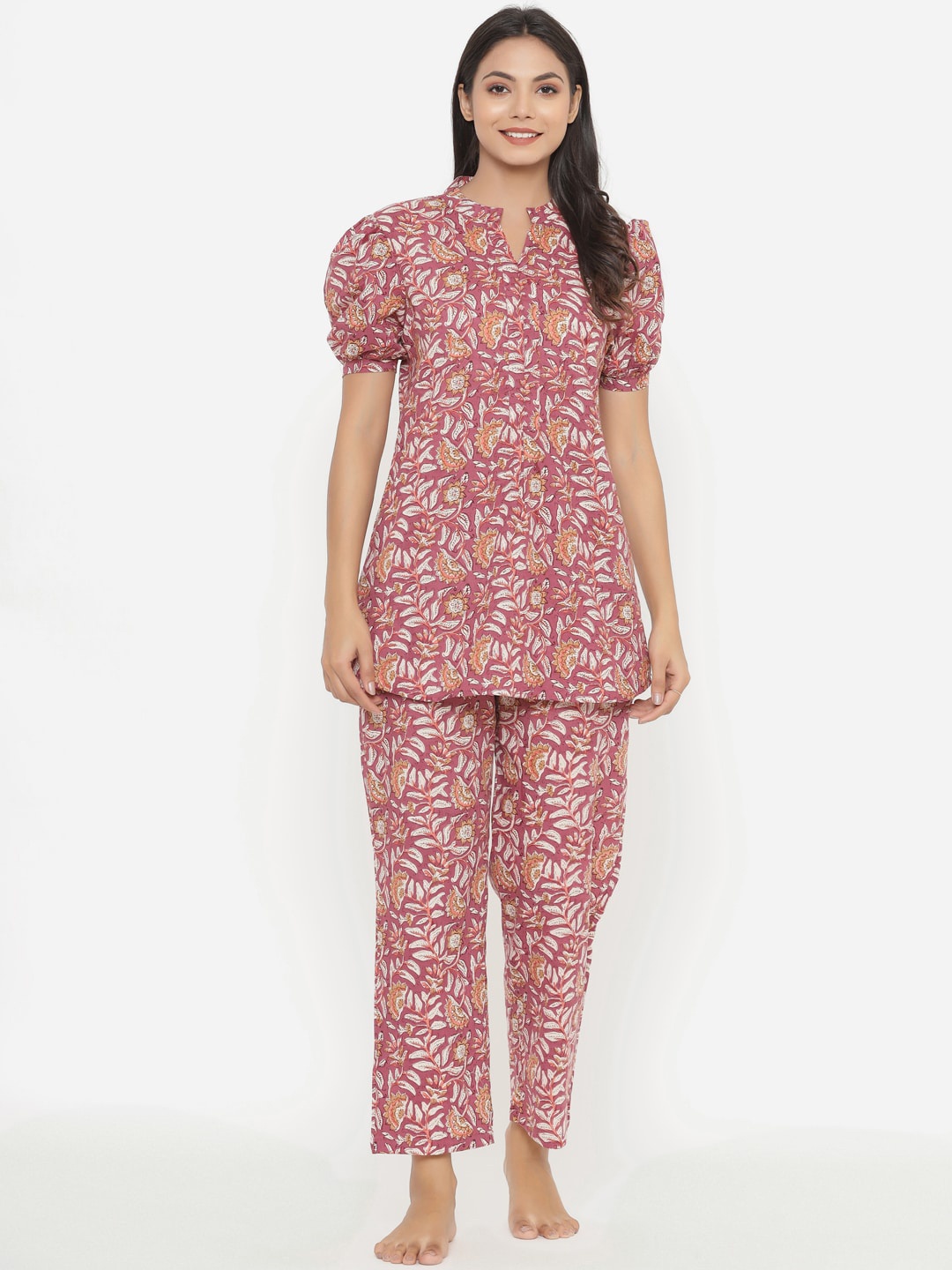 

JISORA Women Pink & White Pure Cotton Printed Night Suit