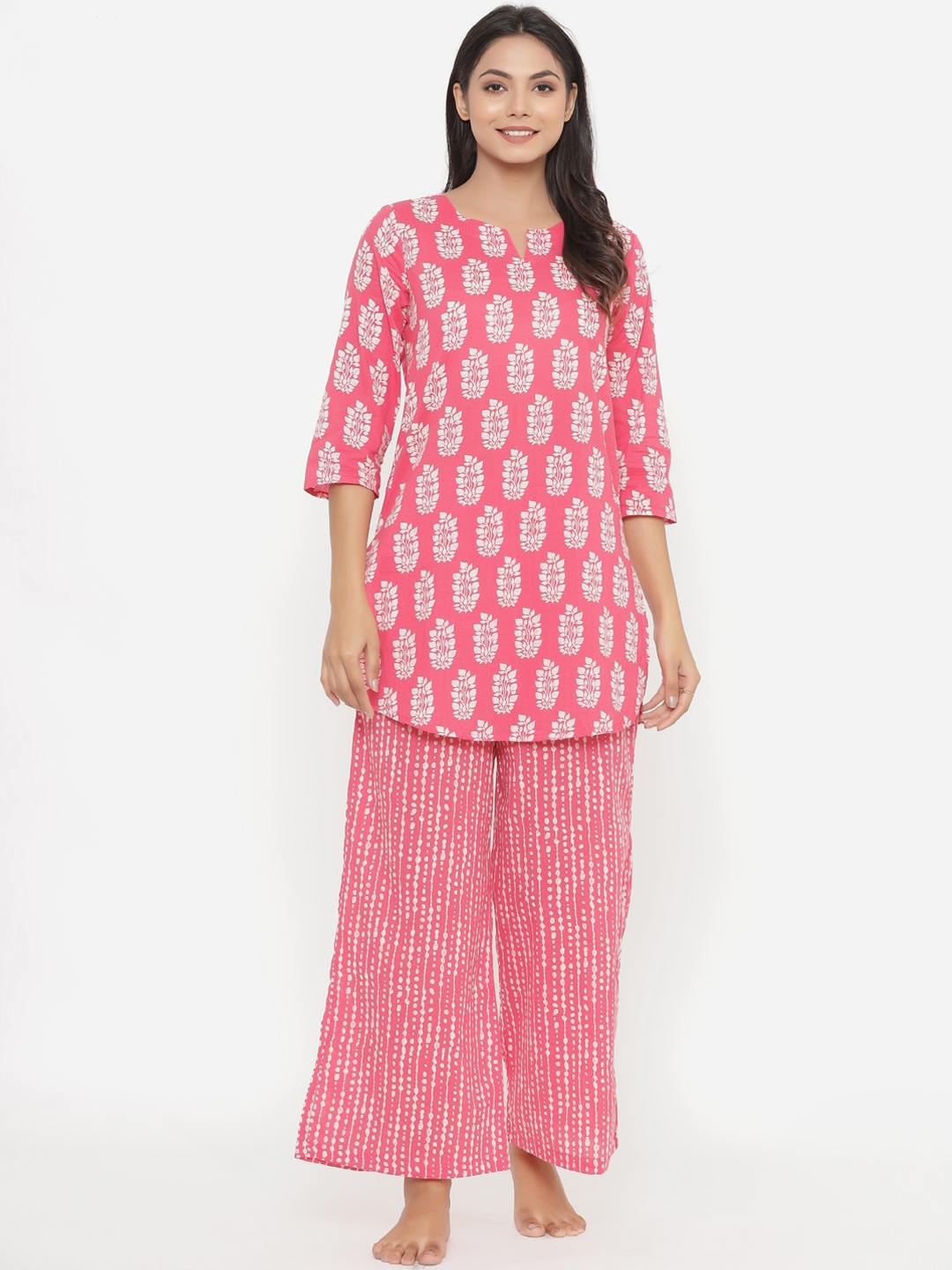 

JISORA Women Pink & White Pure Cotton Printed Night Suit