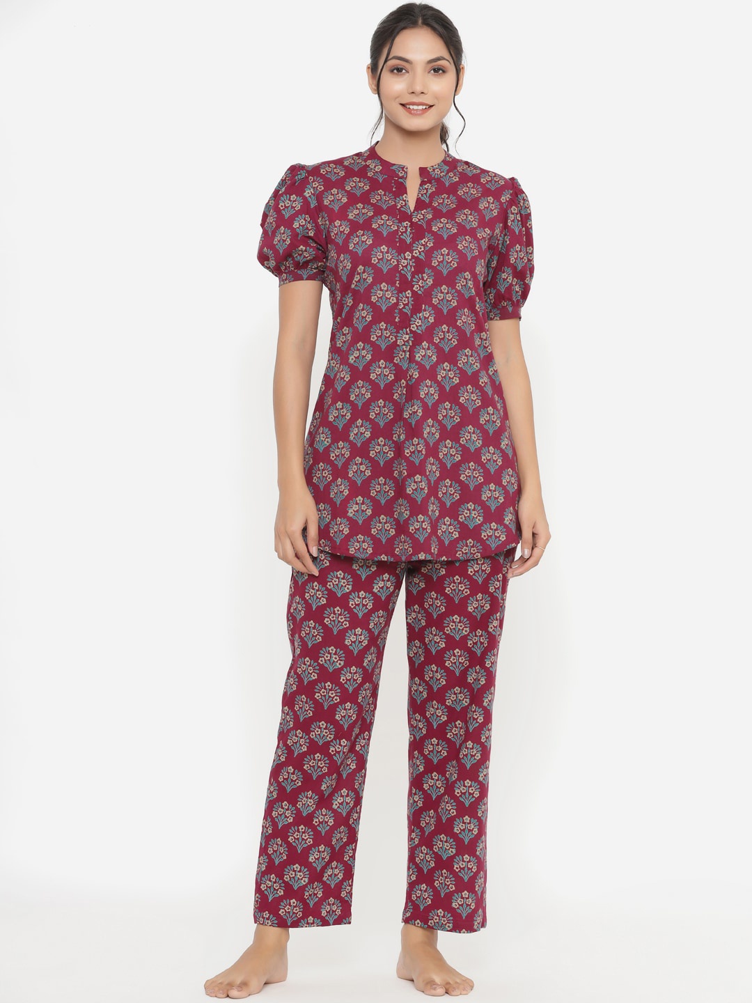 

JISORA Women Maroon & Blue Pure Cotton Printed Night suit