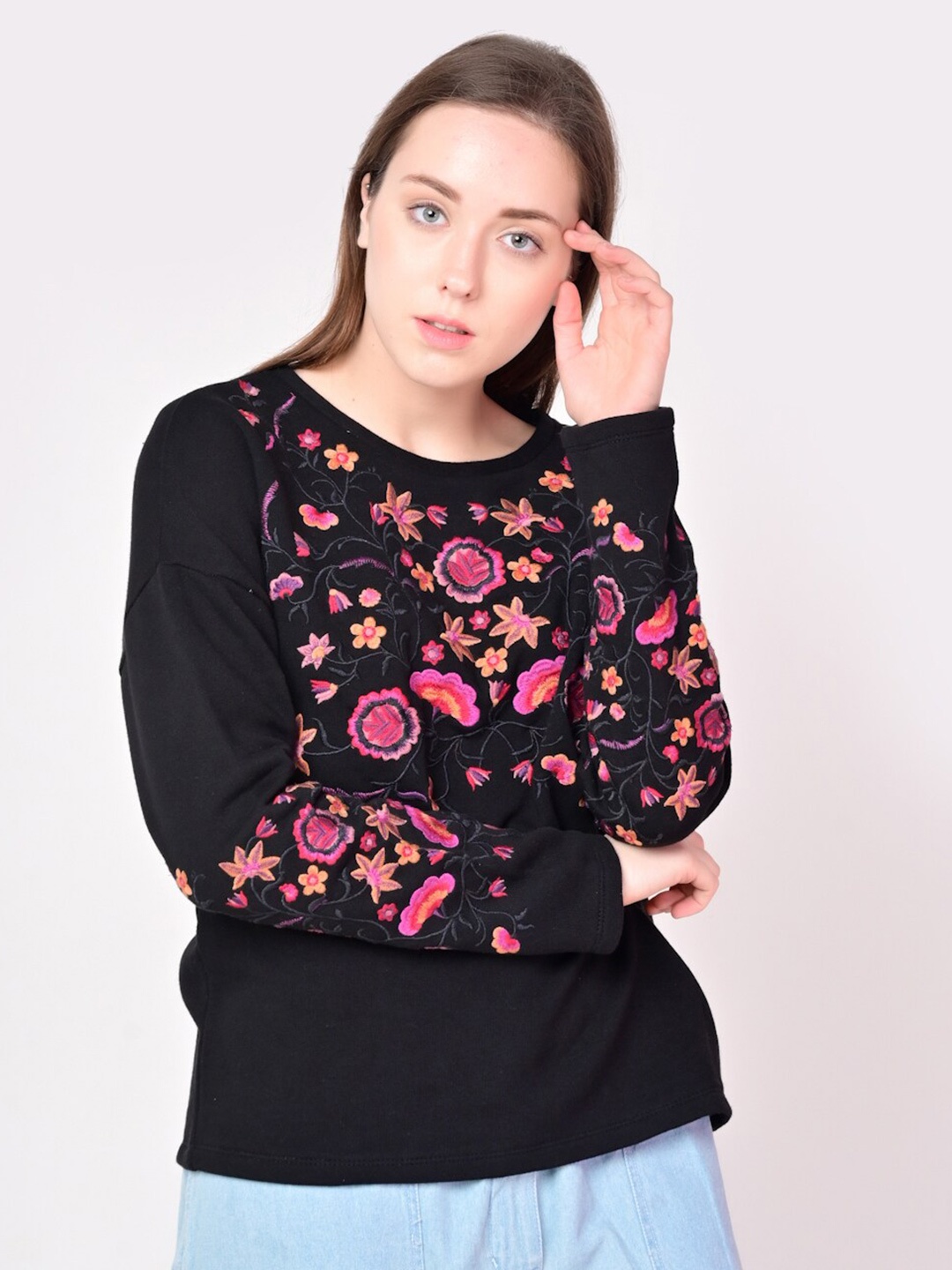 

ANI Black Floral Embroidered Cotton Drop Shoulder Sleeves Top