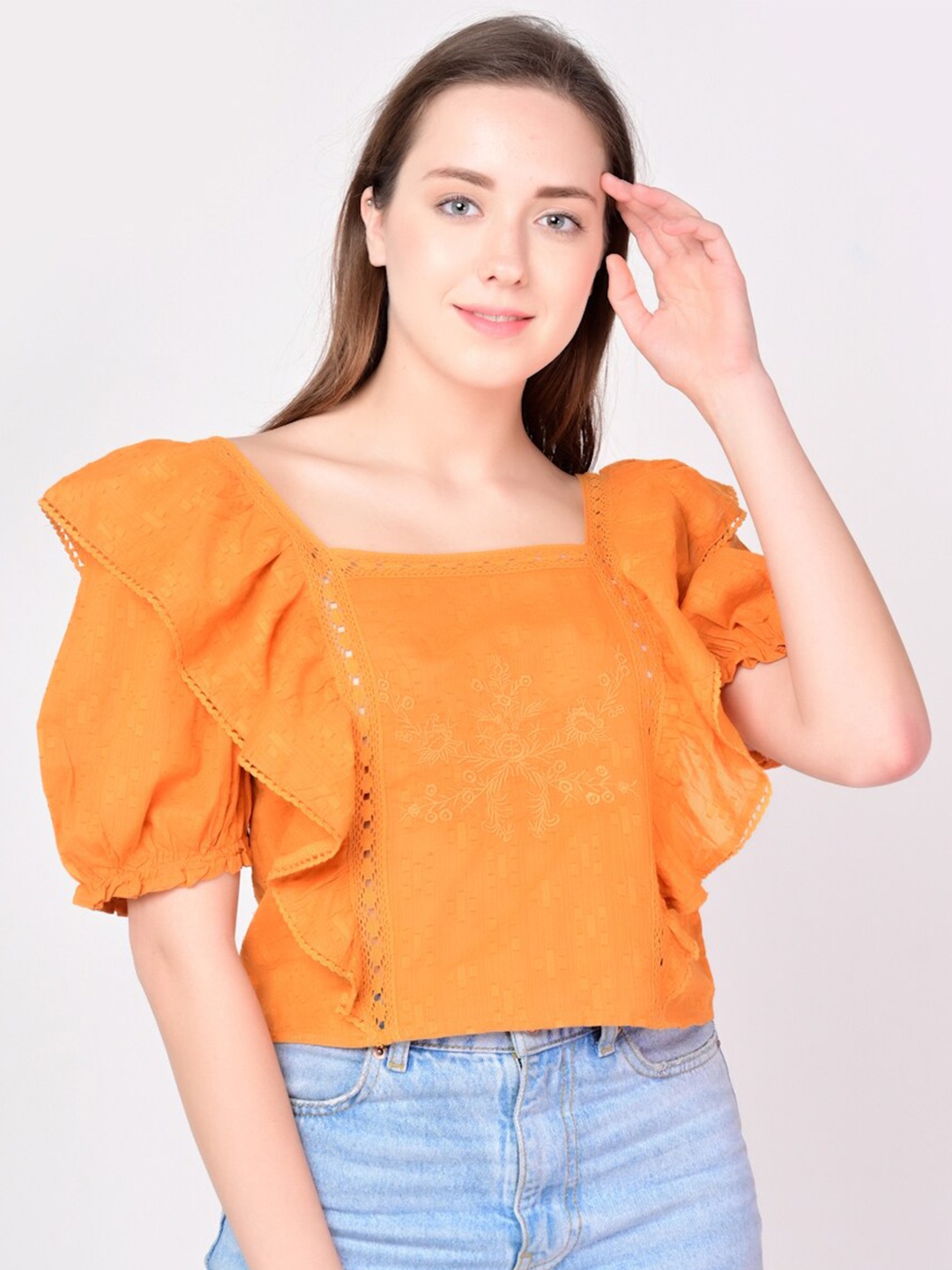 

ANI Yellow Floral Ruffles Crop Top