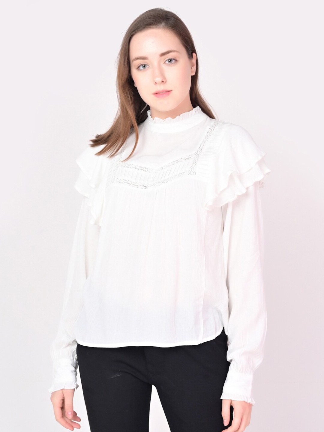 

ANI White Solid High Neck Top with Ruffles