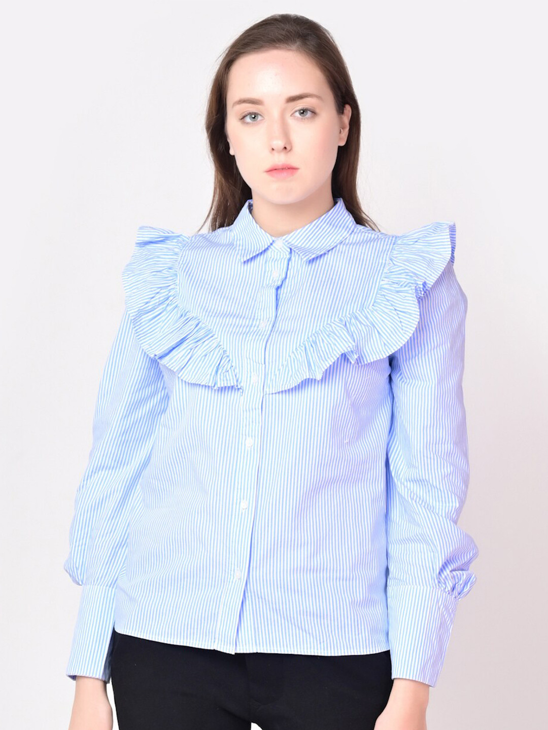 

ANI Blue Striped Ruffles Shirt Style Top