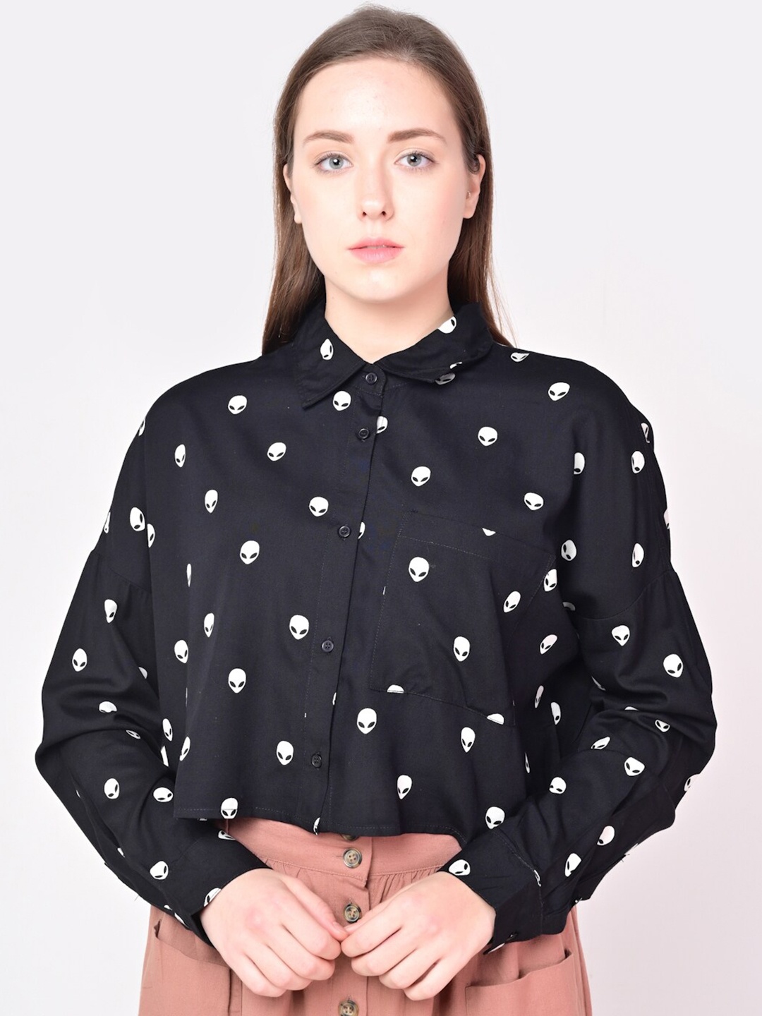 

ANI Women Black Slim Fit Printed Casual Shirt
