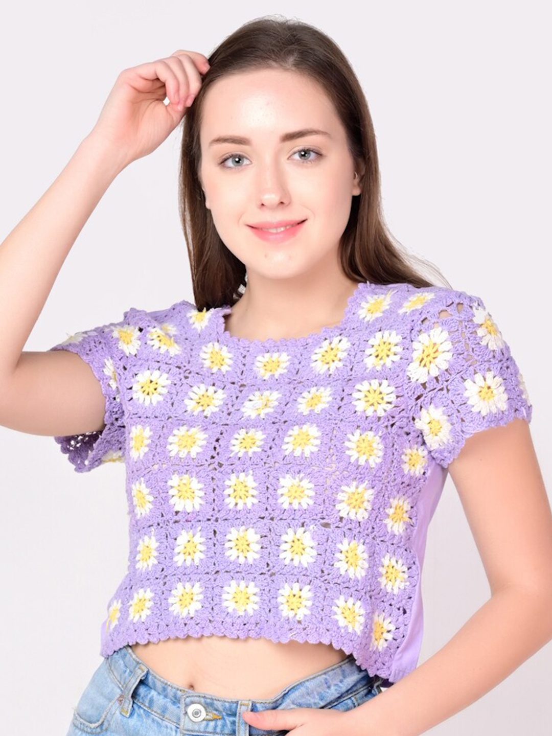 

ANI Women Purple Floral Knit Crochet Crop Top