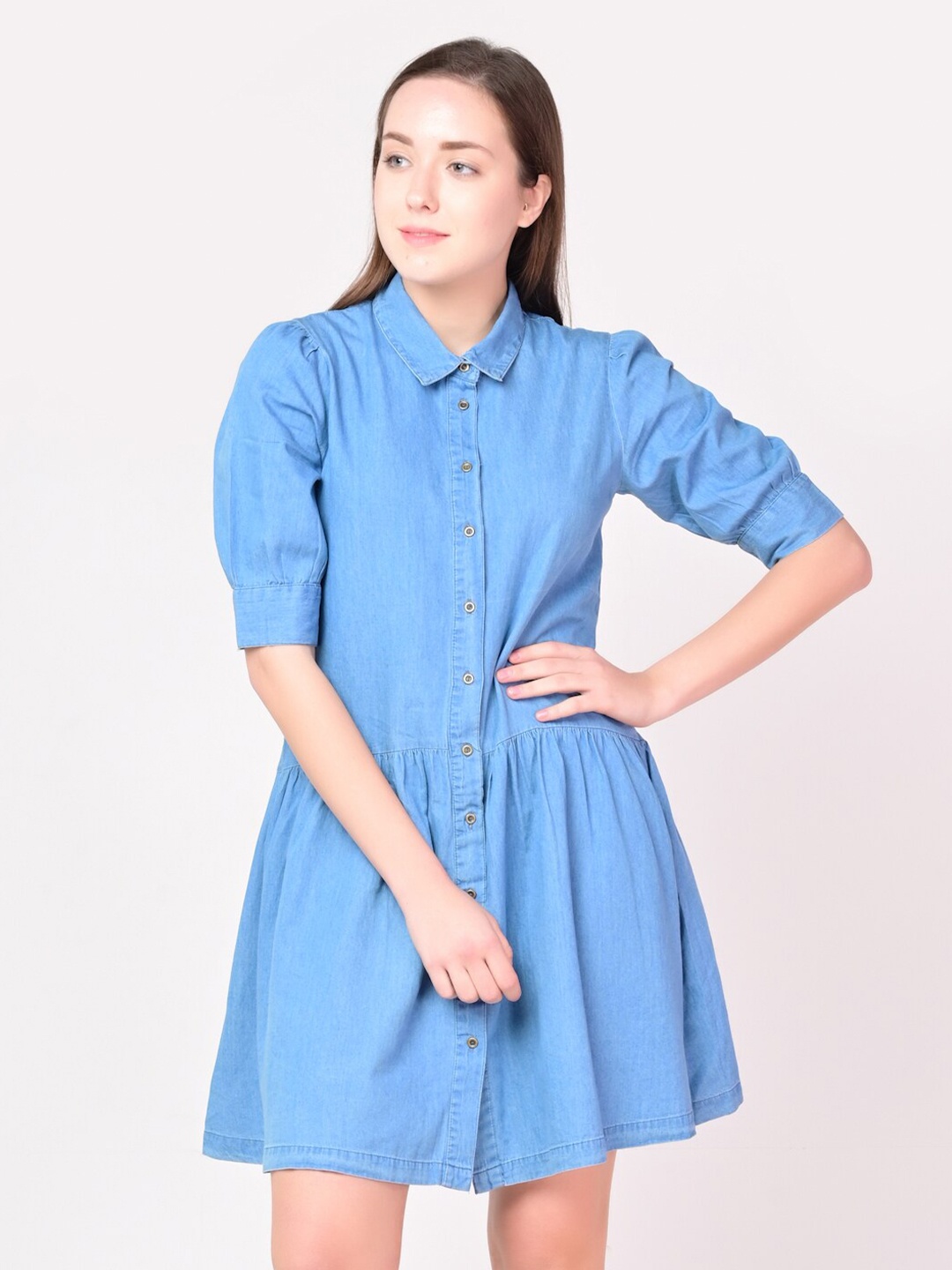 

ANI Blue Washed Denim Drop-Waist Shirt Dress