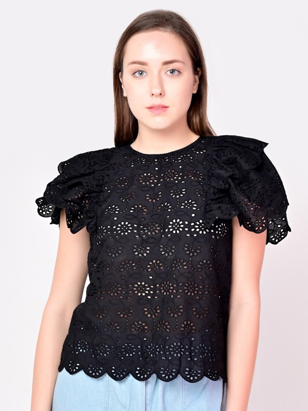 

ANI Black Schiffli Flutter Sleeves Top