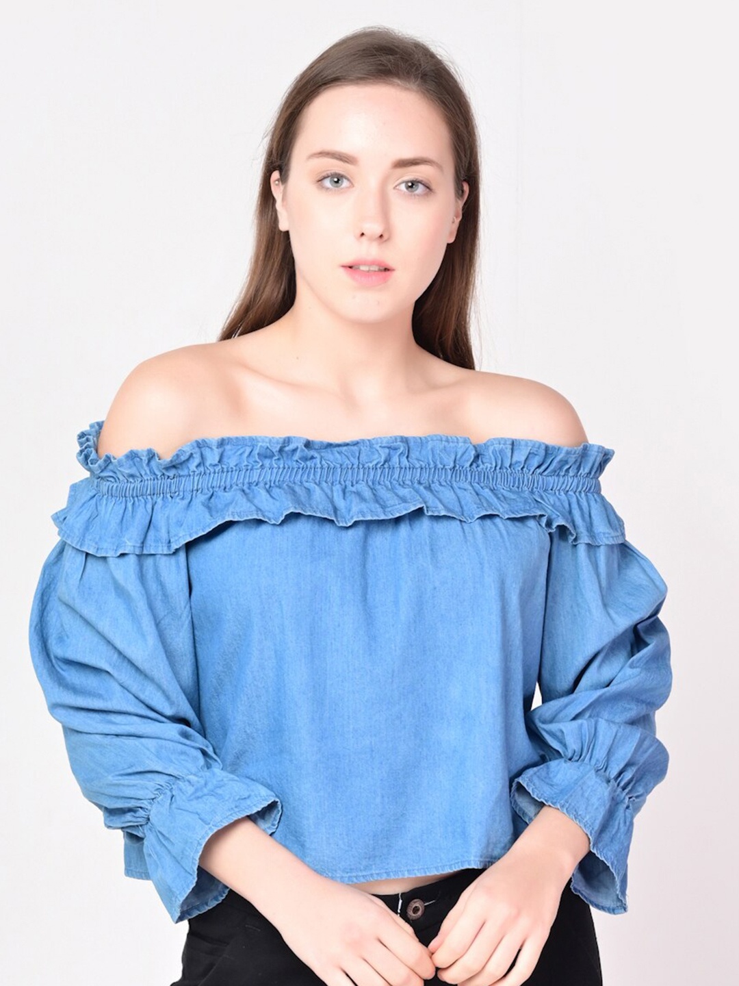 

ANI Blue Off-Shoulder Ruffles Denim Bardot Top