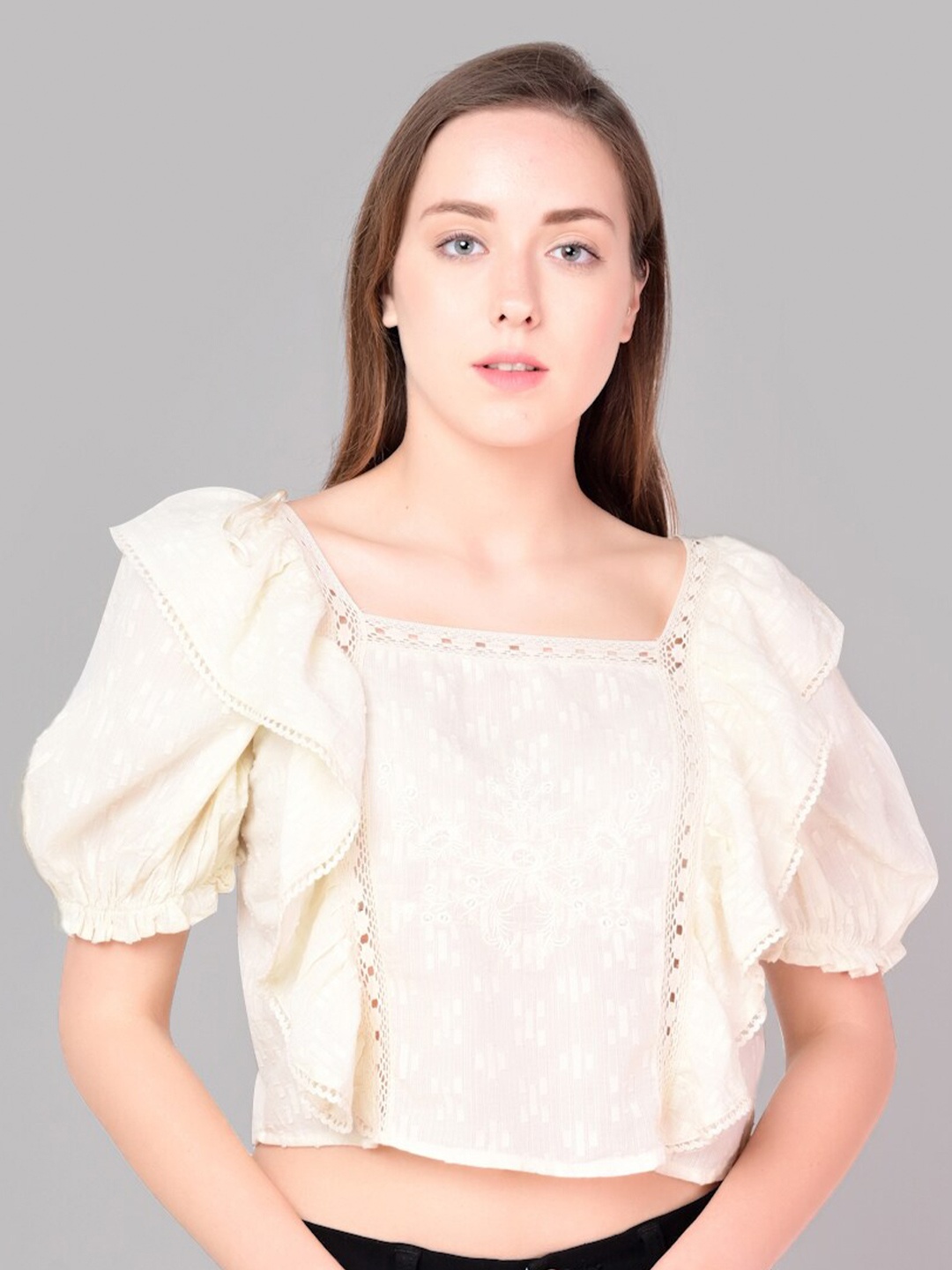 

ANI White Crop Schiffli Top