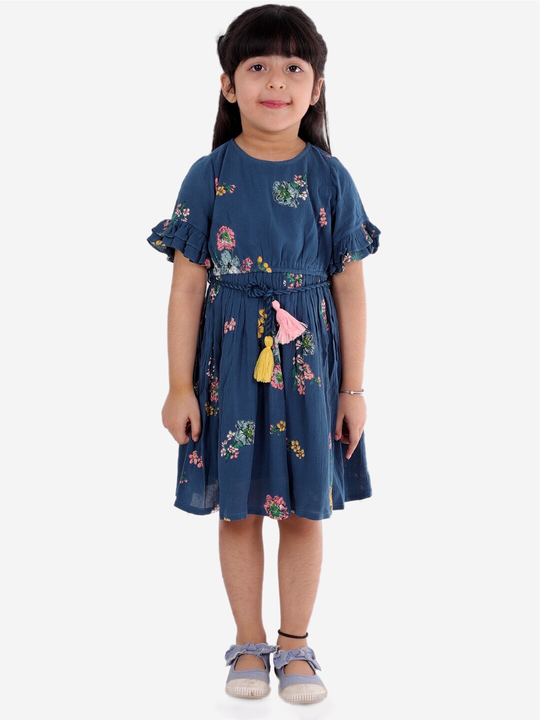 

LIL DRAMA Girls Turquoise Blue & Pink Floral Belted Cotton Dress
