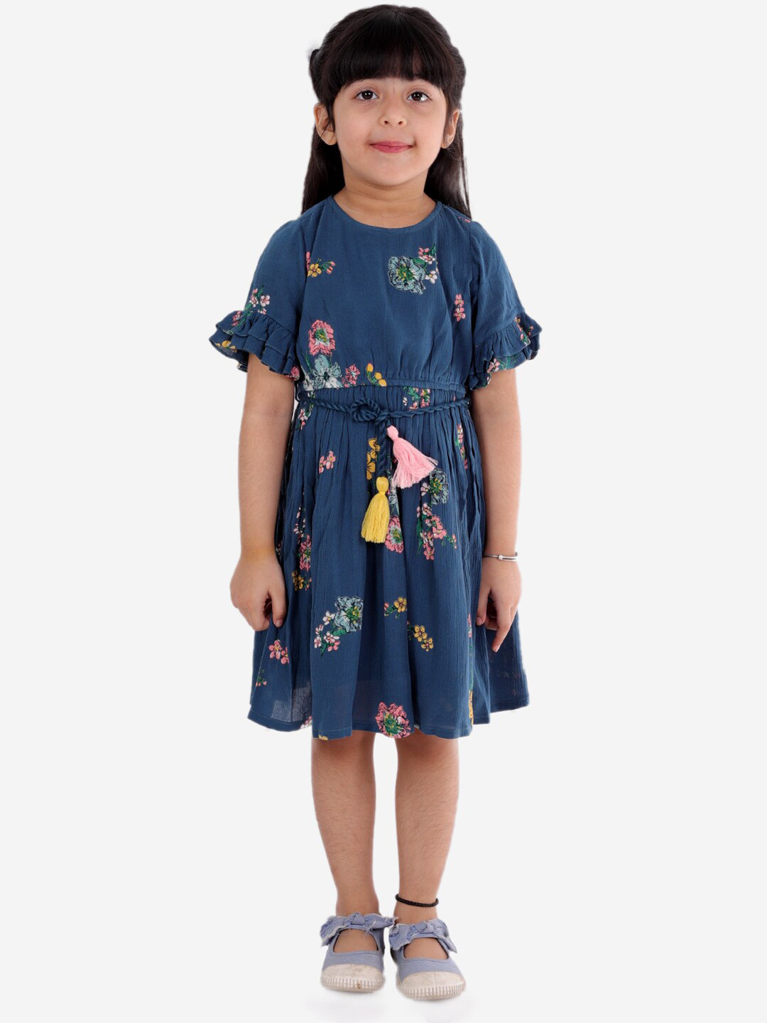 

LIL DRAMA Girls Turquoise Blue & Pink Floral Belted Cotton Dress
