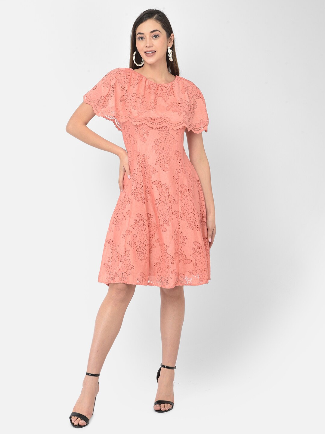 

Latin Quarters Women Peach-Coloured Lace A-Line Cotton Dress