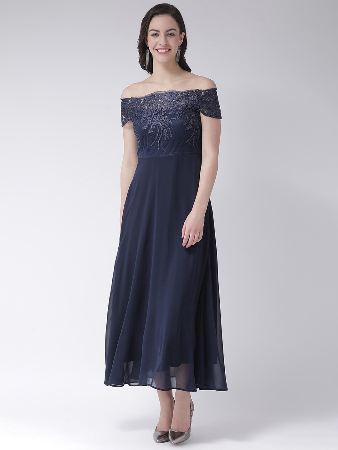 

Latin Quarters Navy Blue Self -Design Off-Shoulder Maxi Gown