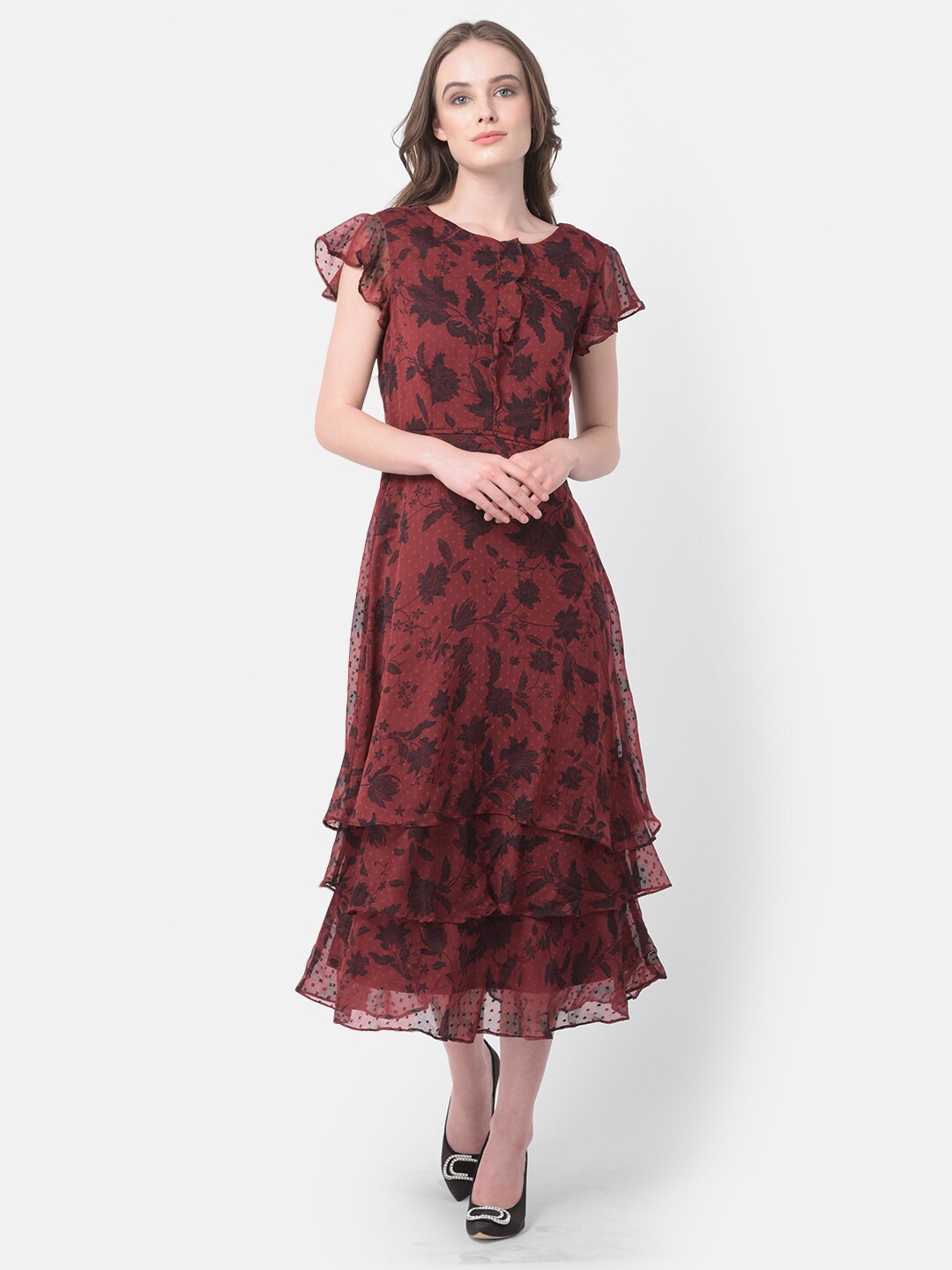 

Latin Quarters Women Maroon & Black Floral Printed Layered Midi Dress